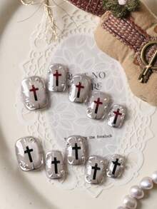 10pcs Press On Nails Silvery White Cat Eyes Cross Nails Press On Nail Supplies Short Nails Fake Nails Artificial Nails Kit Includes 1sheet Adhesive Tabs &1 Pc Mini File - Multicolor - View 1