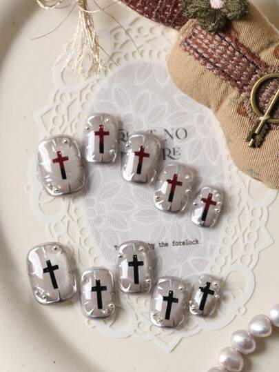 10pcs Press On Nails Silvery White Cat Eyes Cross Nails Press On Nail Supplies Short Nails Fake Nails Artificial Nails Kit Includes 1sheet Adhesive Tabs &1 Pc Mini File