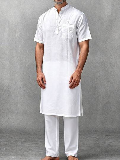 Men's New Summer Short Sleeve Stand Collar Half-Placket Mid-Length Loose Breathable Robe, Paired With Solid Textured Long Pants, Middle Eastern Traditional Outfit