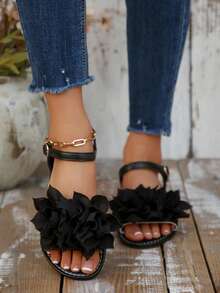 Giày sandal đế bằng quai ngang họa tiết hoa 3D kiểu dáng mùa hè dành cho nữ sinh, sandal quai ngang hở ngón có khóa cài màu trắng, kiểu dáng thường ngày. - màu đen - Xem 3
