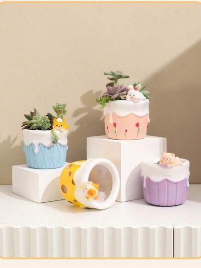 1个创意卡通多肉植物花盆装饰，园艺摆件，景观花盆，可爱桌面笔筒