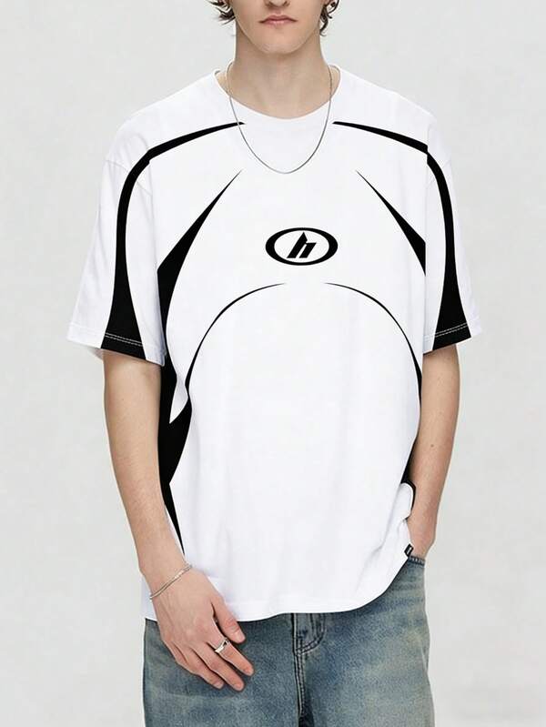 Men's Street Style Black & White Geometric Print Short Sleeve Comfortable Top, Summer