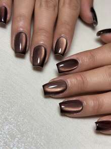 VV MEI JIA ER 24pcs Deep Brown Cat Eye Design Short Square False Nails, Minimalist Solid Color Full Coverage Short Nail Stickers, Suitable For Office & Daily Wear, Comes With 1 Nail File And Gel Adhesive - Brown - View 2