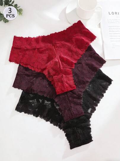 3pcs/Set Women's Sexy High Waist Lace Thong Panties, Romantic Multi-Color Set