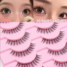 10对卡通猫眼纤细假睫毛，隐形带设计，自然逼真，适合派对和日常佩戴 - QF94Y - 查看 3