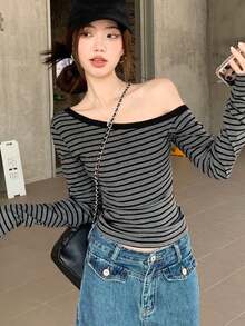 时尚斜肩条纹打底长袖修身T恤，女士款，随机拼接设计 - 深灰色 - 查看 3