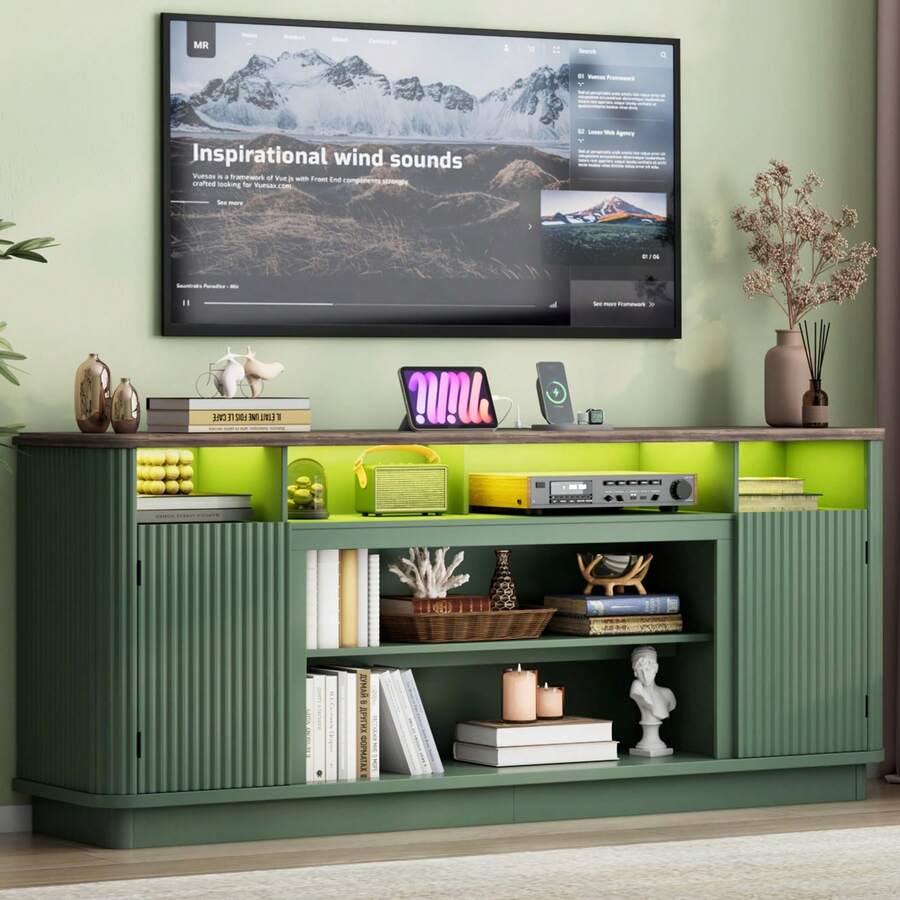 70" Fluted TV Stand For Living Room - Accommodates TVs Up To 80", Modern Entertainment Setup With Power Outlets, LED Lights & Adjustable Shelves - Xem 1