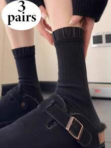 1/3 Pairs Women's Mid-Calf Socks With 3D Pleated Trim, Black & White Striped Ribbed Socks, Versatile Autumn Wear - Multicolor - View 6