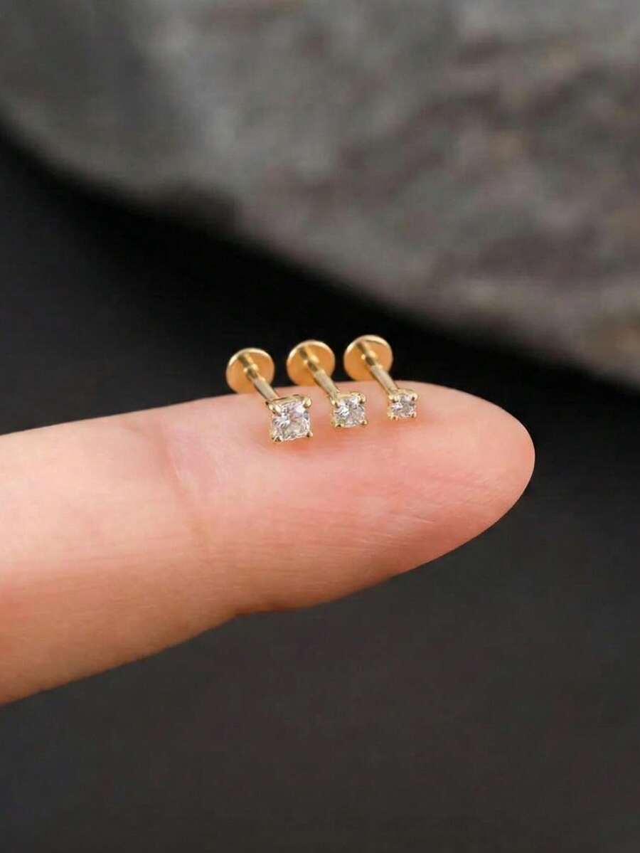 1Pc 925 Sterling Silver Moissanite Classic Four-Prong Diamond Setting Stud Earring Flat Back Cartilage Helix Piercing For Women Girls Men(2Mm, 3Mm, 4Mm) Wedding Engagement Bridal Jewelry Suitable For Women For Daily, Dates, Vacation, Party, Holiday Gift - Gold - View 1