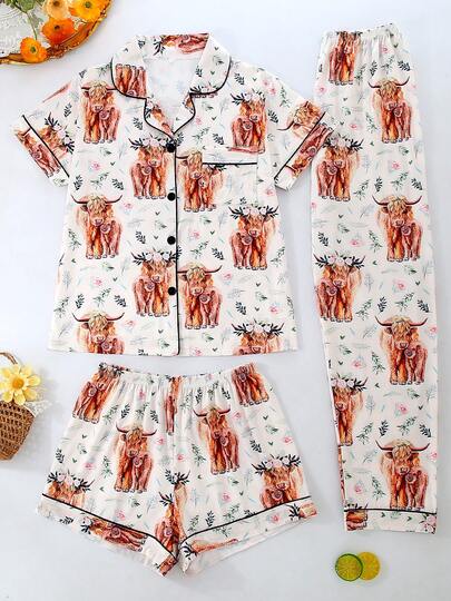 Plus Size 3-Piece Sets: Breathable Short Sleeve, Women's Pajama Set With Shorts And Pants, Collared Button-Down Short Sleeve Shirt. Suitable For Overweight Figures In All Seasons, Plus Size, Comfortable And Loose Fit, Animal Scottish Highland Cow Pattern