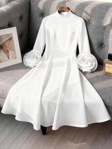 Plus Size Women's Elegant White Mid-Length Dress, High Neck Long Sleeve, 3D Floral A-Line Skirt, Suitable For Wedding Guests, Formal Occasions Spring - 白色 - 查看 5