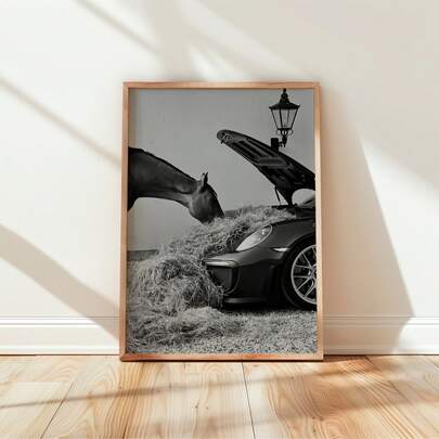 1 st ramlöst digitaltryck av häst och superbil, svartvitt lyxbilfotografi, lantlig chic exotisk väggkonst, modern garagedekor för man cave, maskulin heminredning, present till bil- och hästälskare