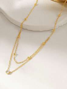 1件水钻吊坠双层链项链，时尚简约精致单颗水钻吊坠O形珠链多层项链，优雅小巧项链，适合女孩和女士佩戴（珠子数量随机） - 金色 - 查看 3