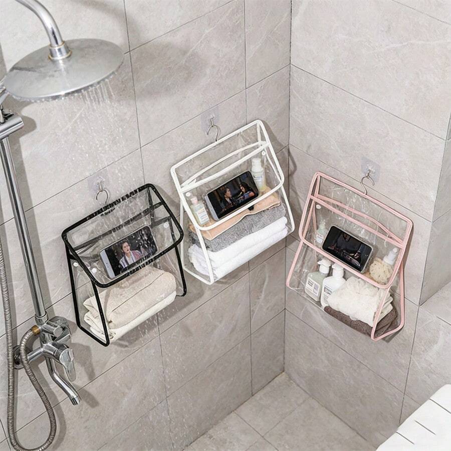 Large Transparent PVC Waterproof Hanging Bathroom Storage Bag With Hooks - Multi-Compartment Wall/Door Mounted, Suitable For Towels, Clothes, Toiletries - Essential For Dorms, Apartments, Bathrooms, Space-Saving Design, Durable Construction, Ideal For College Students - View 1