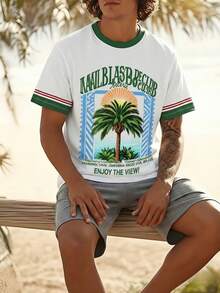 男士圆领字母和棕榈树印花休闲度假风短袖T恤 - 白色 - 查看 2
