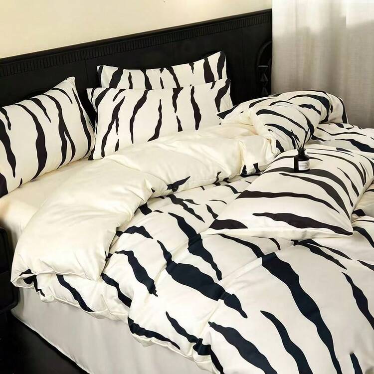 四件套柔软水洗丝滑床品套装，AB版春夏简约床单套装（1件被套、1件床单、2件枕套），丝滑睡眠体验，轻盈四季皆宜，适用于单人床、双人床、酒店、宿舍、全家使用，带拉链，可拆卸，可机洗，房间装饰 - 彩色 - 查看 5
