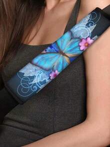 1pc Pink Flower & Blue Butterfly Soft & Comfortable Car Seat Belt Shoulder Pad Cover, Universal - Butterfly - View 2
