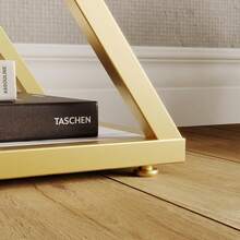 Mesa de consola industrial de 3 niveles con marco de metal de oro en forma de X - estantes abiertos blancos, mármol blanco superior de madera rústica, pies ajustables, muebles modernos de acento de entrada para vestíbulo, sala de estar - Mármol blanco - Ver 9