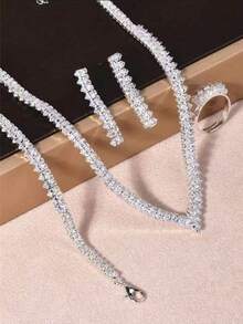 4 قطع طقم قلادة كريستال فاخرة، إكسسوارات مجوهرات فستان زفاف وحفلات للنساء - فضي - مشاهدة 2