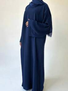 Women's Solid Color Boat Neck Long Sleeve Loose Arabic Style Dress Spring - Navy Blue - View 2