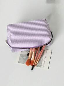 1个条纹刺绣大容量化妆包，便携多功能化妆品收纳包，简约铅笔盒，适合旅行、办公、上学、日常通勤、浴室、返校季，送给女性和女孩的礼物，化妆包，化妆品收纳包，洗漱包，化妆袋，洗漱包，旅行包，度假必备，女士礼物 - 彩色 - 查看 7