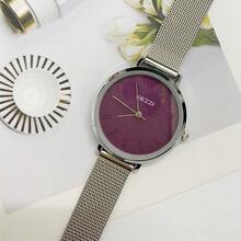 1pc Women's Stainless Steel Mesh Band Minimalist Numeric Dial Burgundy & Purple Kezzi Round Quartz Watch, Petite & Elegant For Daily Wear - Burgundy - View 3