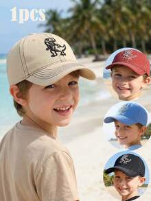 3-8岁儿童男女通用恐龙刺绣撞色缝线棒球帽，柔软帽顶可调节户外休闲帽 - 1PC - 查看 1
