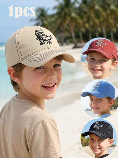 3-8Y Unisex Kids Dinosaur Embroidered Contrast Stitching Baseball Cap, Soft Top Adjustable Outdoor Casual Hat