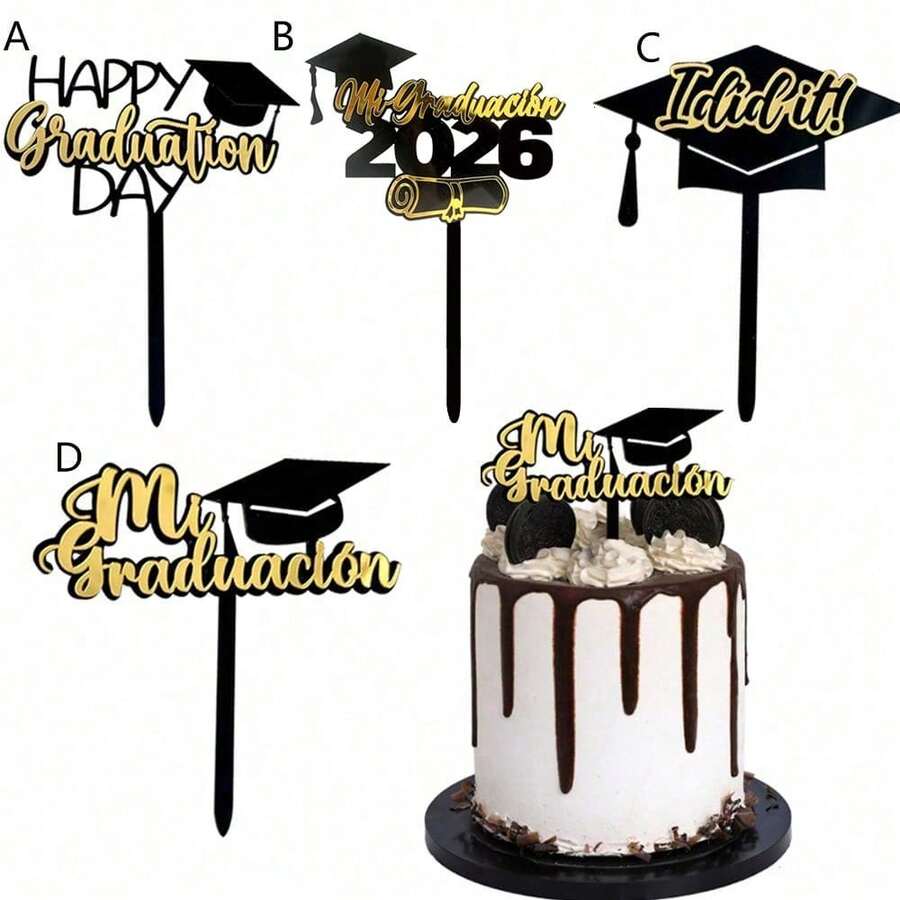 1pc/3pcs/5pcs Black & Gold Acrylic 2026 Graduation Cake Topper, Suitable For Graduation Theme Party DIY Cake Baking Decoration - Multicolor - View 1