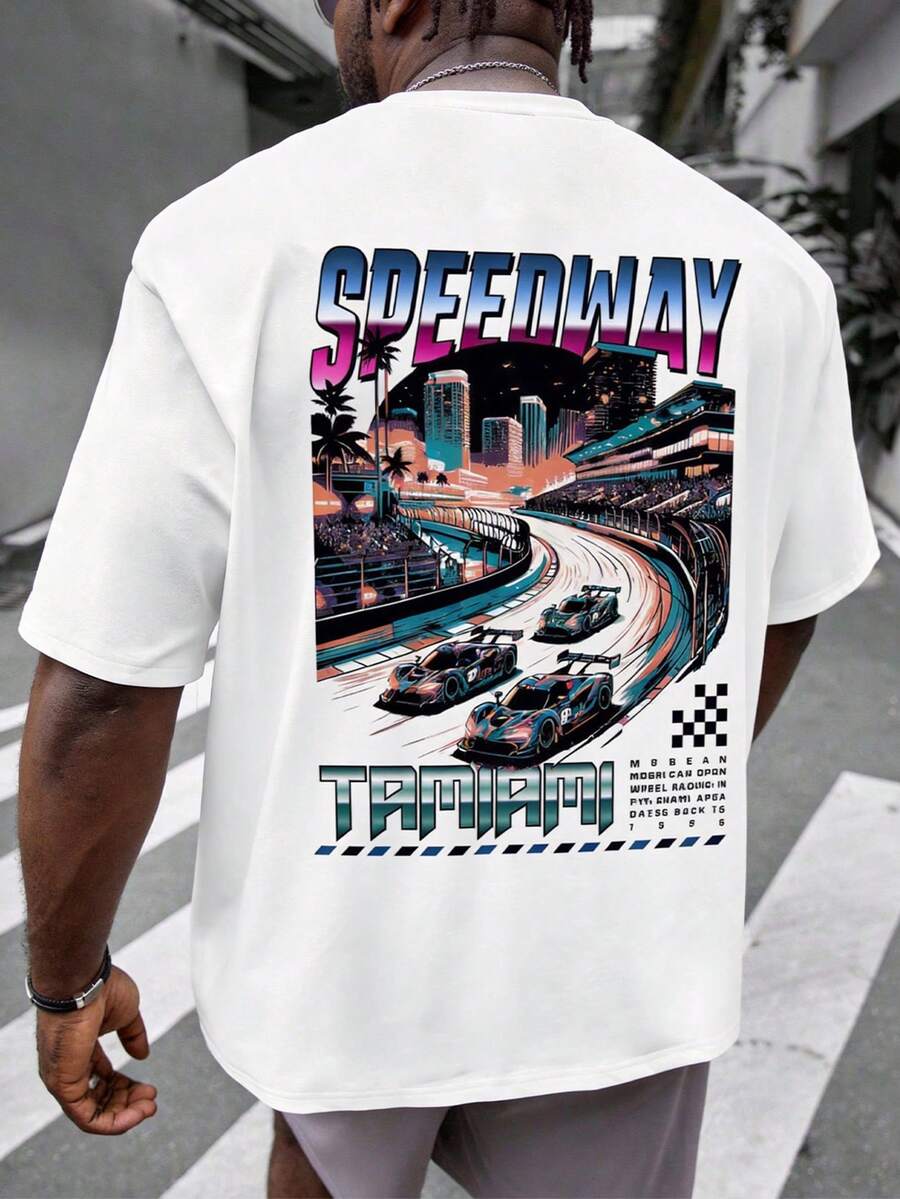 男士街头风赛车印花宽松T恤 - 白色 - 查看 1