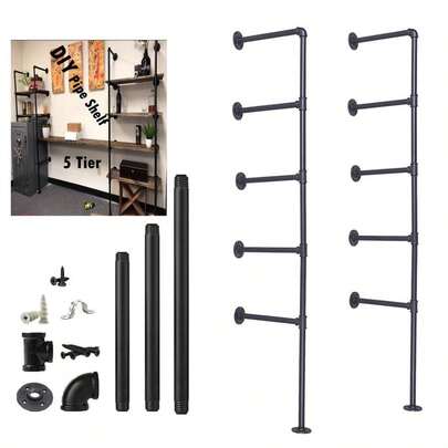 Tier Industrial Wall Mount Iron Pipe Shelf Shelving Bracket Vintage Retro Ceiling Hung Shelf DIY Open Bookshelf Storage For Office Room Kitchen 2PcsX5Tier,70 Tall,12deep,Hardware Only1