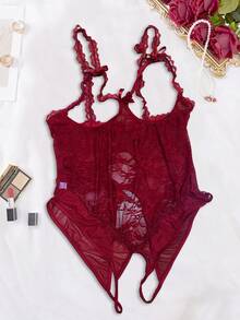Plus Size Women Sexy Hollow-Out Crotchless Bodysuits Lingerie - Burgundy - View 3
