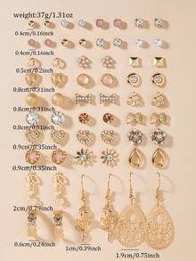 30对优雅简约金属仿珍珠、水钻花朵、心形、蝴蝶结耳环套装，女士奢华礼物 - 彩色 - 查看 5