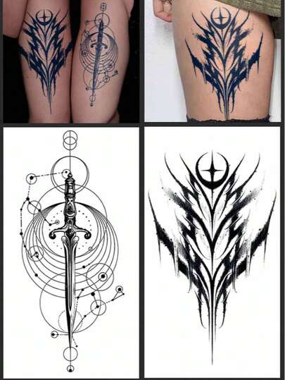 2 miếng hình xăm tạm thời từ nước ép thảo dược, phong cách Gothic với họa tiết hình học kiếm, sao, mặt trăng, thích hợp dùng hàng ngày, dự tiệc, làm quà tặng ngày lễ, chống thấm nước, không phản chiếu trong 7-14 ngày, thích hợp dán ở chân, vai, cổ, xương quai xanh, cơ thể.