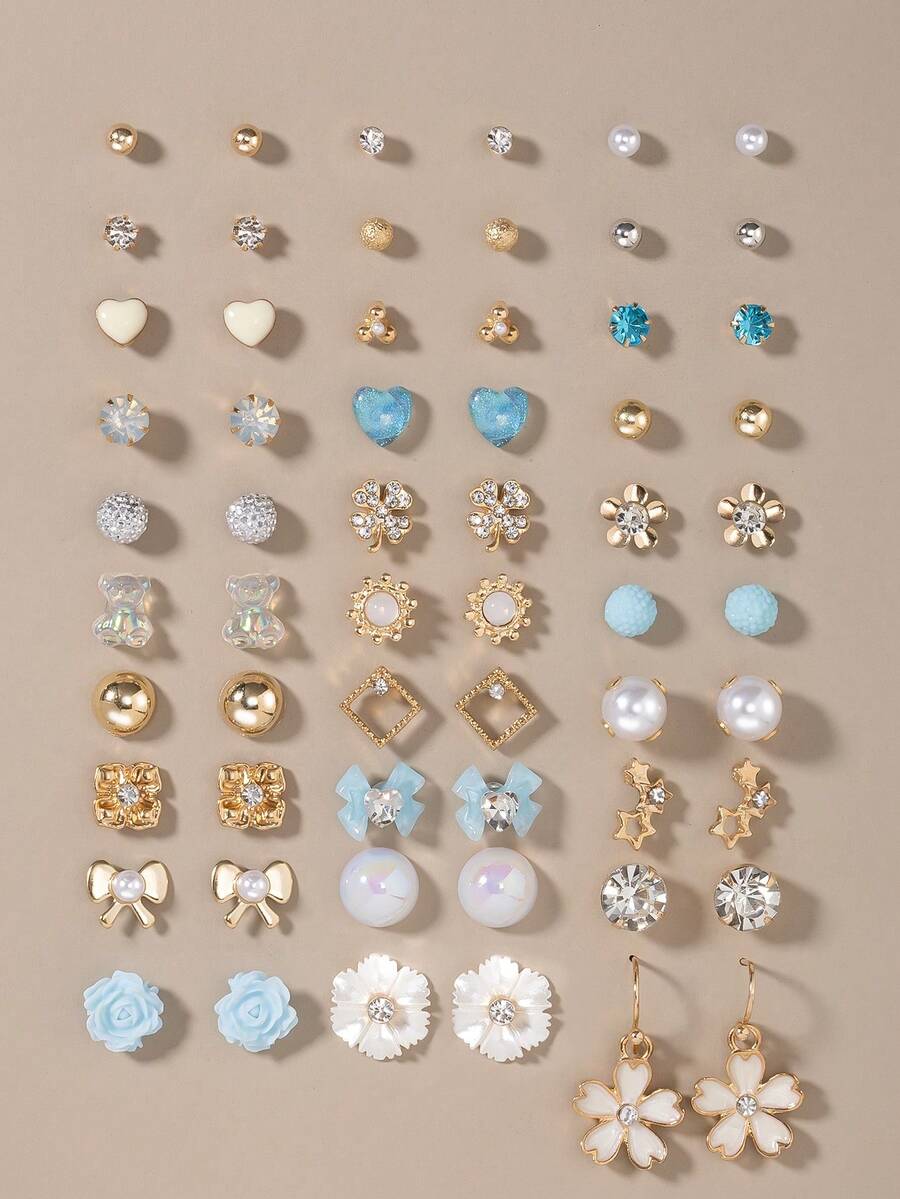 30 Pares Conjunto Criativo de Brincos de Moda Feminina, Borboleta Delicada, Coração, Strass, Flor, Estilos de Metal com Pérola Falsa, Adequado para Uso Casual Diário, Presente de Feriado - Multicolorido - Visão 1