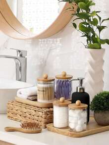 4pcs Accessories With Bamboo Cover Dispensor Holder For Swab, Round Pad, Dental Flosser, Etc. - 10oz Clear Plastic Dispensing Jars Packaging Set For Bathroom/Kitchen Vanity Storage Organizer. - 查看 4