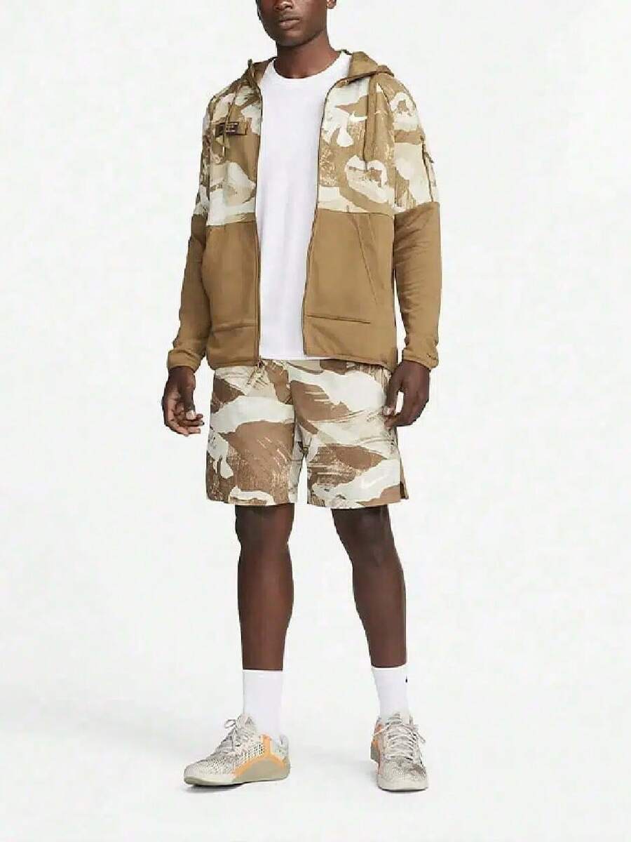 Nike Dri-FIT Fleece Camouflage Zip-Up Cardigan Training Hooded Jacket For Men - Straw Brown/white - View 1