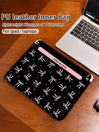 One Pink Polka Dot Bow Pattern PU Leather Magnetic Closure Laptop Bag, Suitable For Tablets/Laptops, Compatible With MacBook Pro 15, Air 13, Galaxy TAB S10 Ultra, And Metabook 14 Inches. Waterproof And Stain-Resistant, Easy To Carry, Can Be Used As A Mouse Pad, An Essential Laptop Bag For Work/Study/Travel.