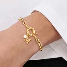 1件简约经典仿珍珠字母弹簧扣女士手链 时尚金色不锈钢链手链 - 金黃色 - 查看 1