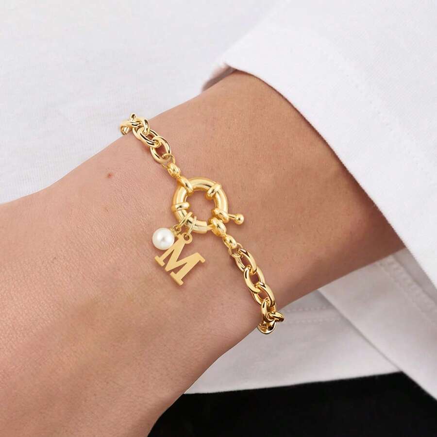 1件简约经典仿珍珠字母弹簧扣女士手链 时尚金色不锈钢链手链 - 金黃色 - 查看 1