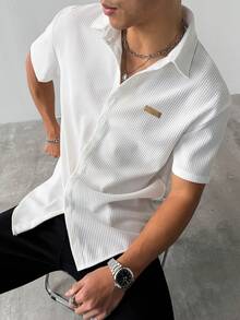 男士夏季度假套装，针织条纹提花短袖衬衫，男士休闲白衬衫，男士沙滩度假上衣，适合情侣约会，衣橱必备，送给男友/丈夫的理想礼物 - 白色 - 查看 8