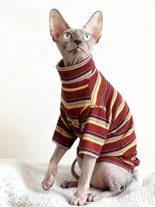 Sphynx Cat Couple's Base Layer, Contrast Striped Versatile Matching Outfit, Warm And Cozy Companionship, Hairless Cat Exclusive, Skin-Friendly Turtleneck Striped T-Shirt - Red - View 17