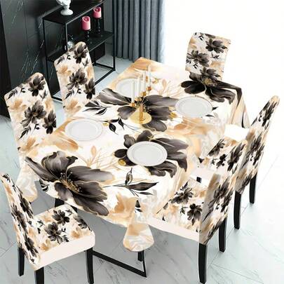 1/4/5/6/7/36pcs Spring & Summer Series Vintage Floral Branch, Black Gold Luxury Floral, Watercolor Ditsy Floral Chair Cover/Seat Cushion Set, Suitable For Indoor Home, Restaurant, Hotel, Ideal Choice For Modern Daily Decor. Tablecloth Fits Square Dining Table, Elastic Chair Cover Is Washable.
