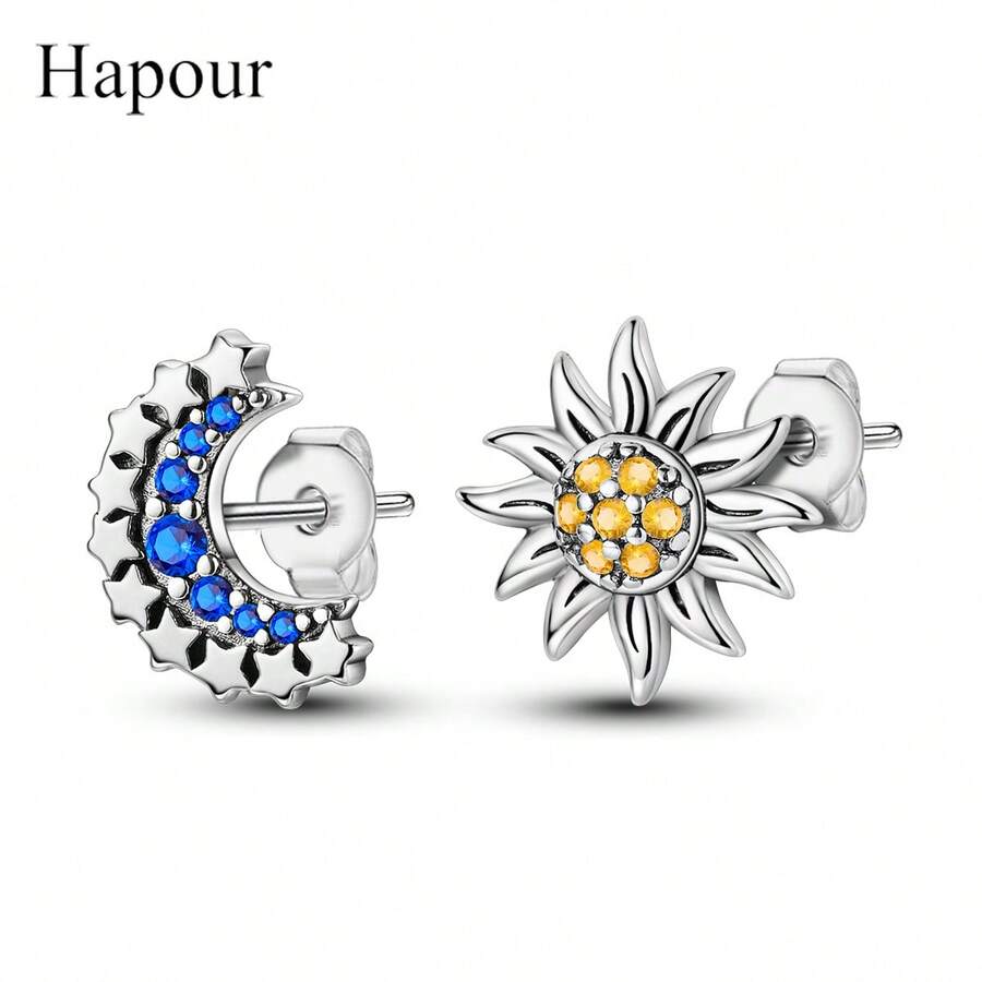 Orecchini asimmetrici con sole, luna e stelle, ipoallergenici, gioielli raffinati, regalo per matrimonio/compleanno - Argento - Visualizzare 1