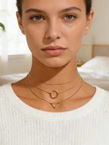 3件套休闲街头风基础款金色多层链条几何吊坠颈链，适合女性参加派对和日常装扮 - 金色 - 查看 3