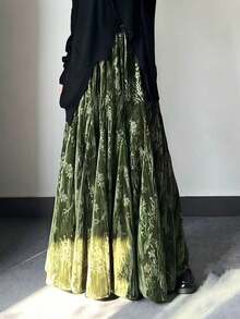 Vintage Print High-Low Hem Velvet Maxi Skirt, Elegant For Dates, Commuting, Suitable For Spring/Autumn Women Summer - Grass Green - View 3