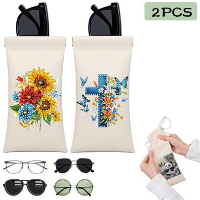 2pcs 5D DIY Diamond Painting Eyeglass Cases, Sunflower, Lily, Butterfly, Cross Themed Creative Design, Automatic Magnetic Closure PU Leather Portable Eyeglass Pouch, Includes Glasses Cloth, Suitable For Men And Women, Fashionable Art Gift For Family And Friends, Ideal For Holidays And Birthdays