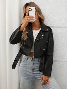 Women's Faux Leather Short Jacket, Lapel Zipper Biker Jacket With Belt, Motorcycle Jacket - Dark Black - View 3