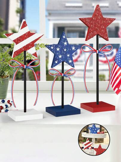 Bộ 3 món: Đồ trang trí nhà cửa phong cách cổ điển yêu nước cho ngày Quốc khánh 4 tháng 7, khay nhiều tầng với những ngôi sao bằng gỗ, đồ trang trí bàn làm việc ngày tưởng niệm, điểm nhấn trang trí nhà cửa phong cách retro yêu nước với màu đỏ trắng xanh, thích hợp để trang trí nhà cửa, tưởng nhớ người thân yêu, tiệc theo chủ đề yêu nước.