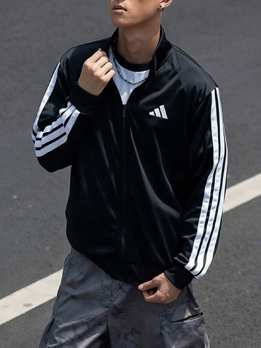 adidas男款簡約側條紋拉鍊復古立領長袖夾克外套JI8816 - 黑色 - 查看 1